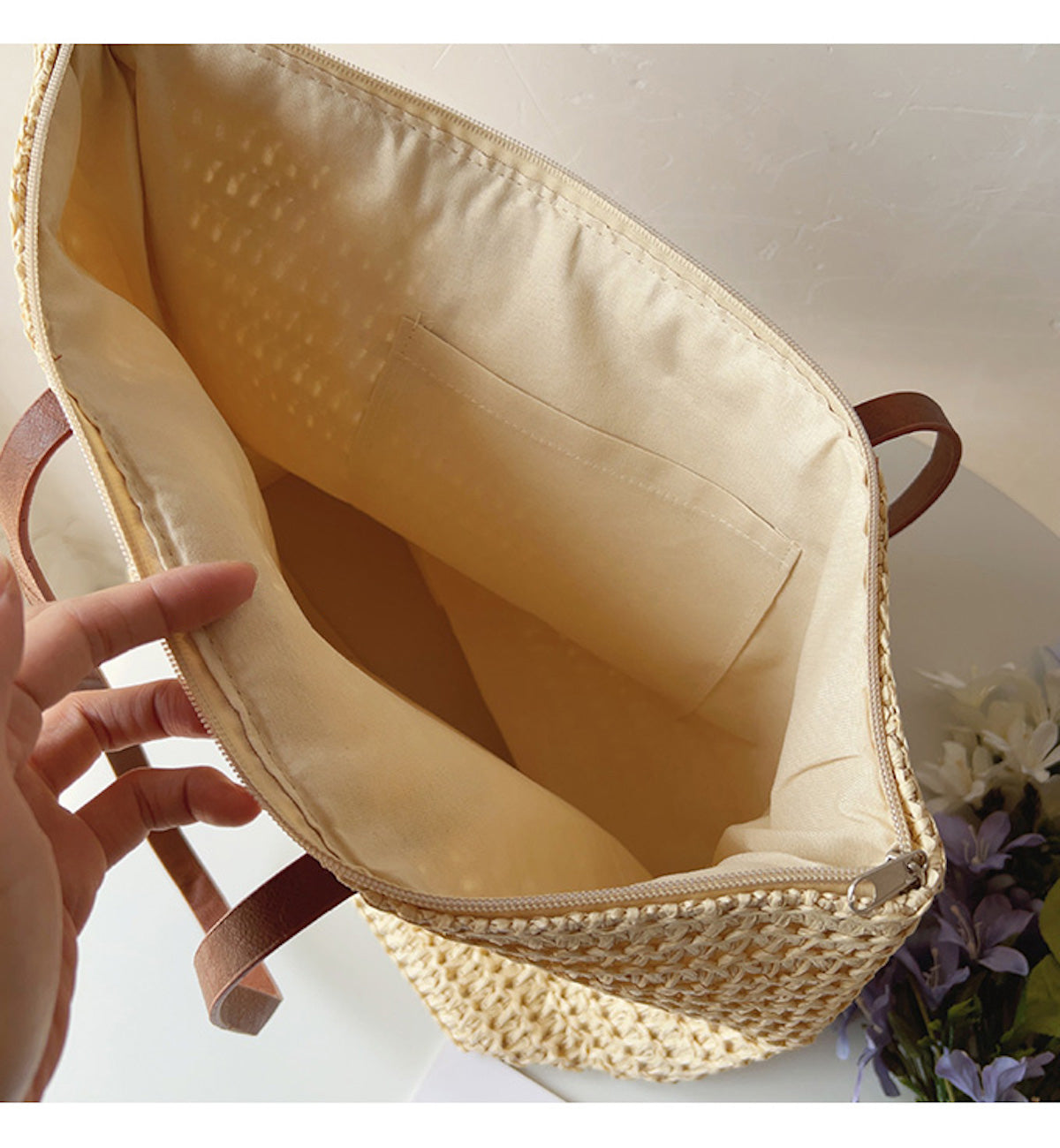 Leren Tote Tas Riet Geweven Zomerse Shopper