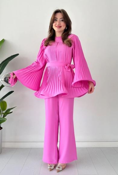 Vrouwen Broek en Top Set Geplooid en Uitlopend