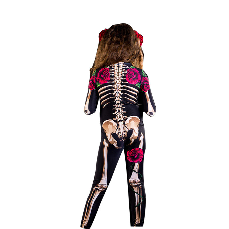 Dames Halloween Catsuit Skelet en Rozen Kostuum