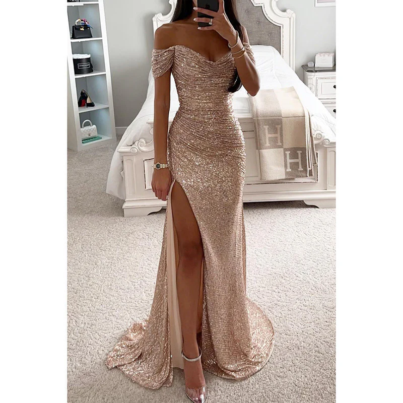 Avondjurk Off-Shoulder Pailletten Jurk met Diepe Split