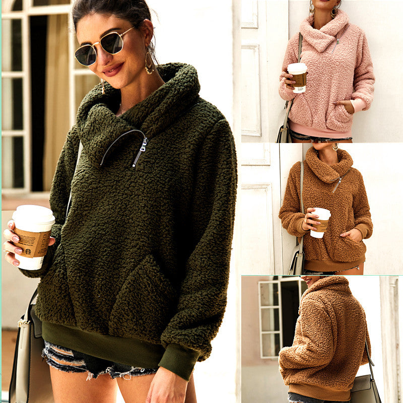 Dames Teddy Trui Warm Elegante met Kraag en Rits