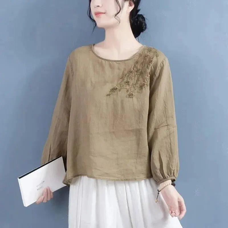 Katoen Linnen Blouse met Artistieke Borduursels voor Dames