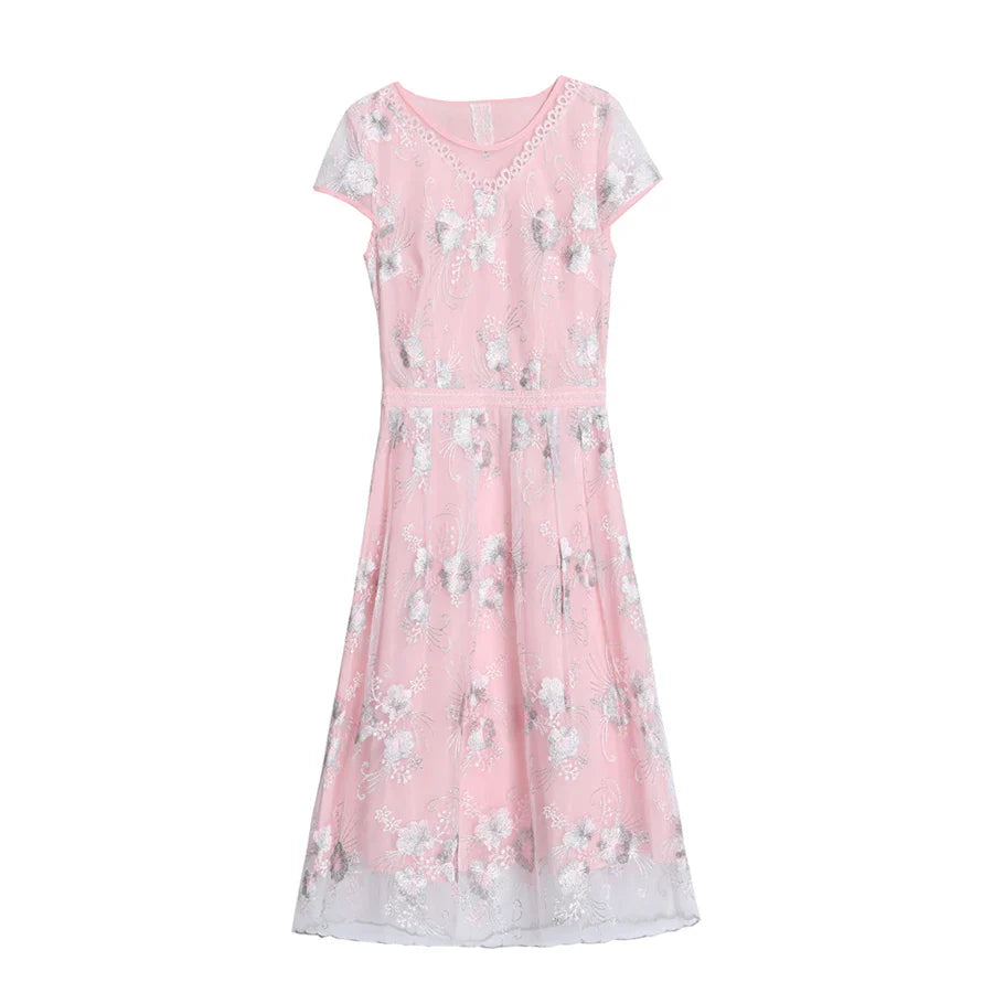 Elegante Mode Roze Bloemen Mesh Mini-Jurk