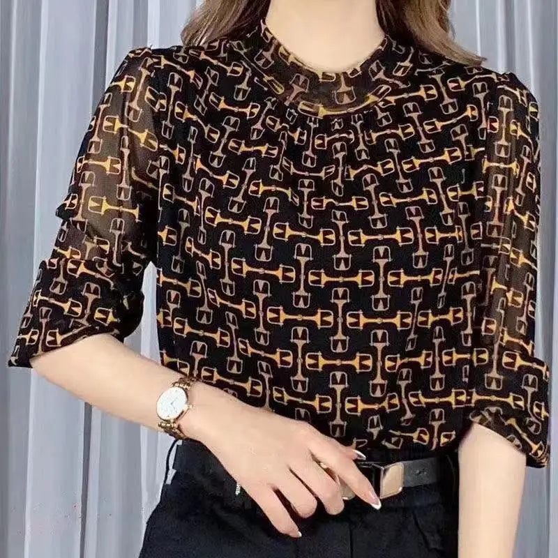 Voorjaarsmode: Plaid Fashion Printed T-shirt met Halfhoge Kraag