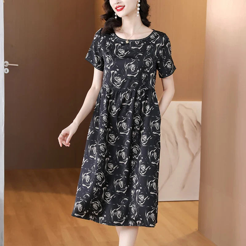 Chique Chic Zomerse Zijde Satijnen Jurk met Bloemenprint