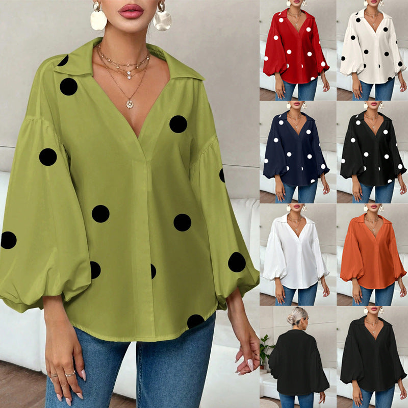 Dames Blouse met Ballon Mouwen en Grote Polka Dot Print