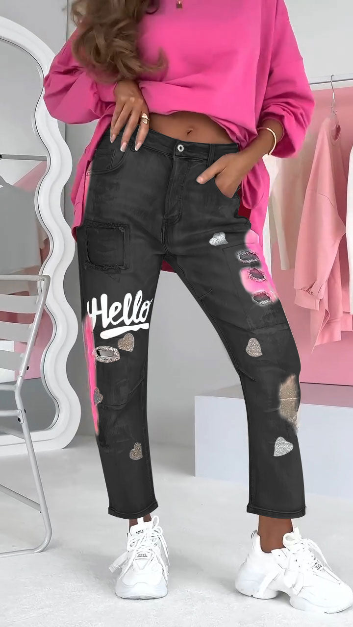 Damesjeans Graffiti Print Trendy Jeans voor Vrouw