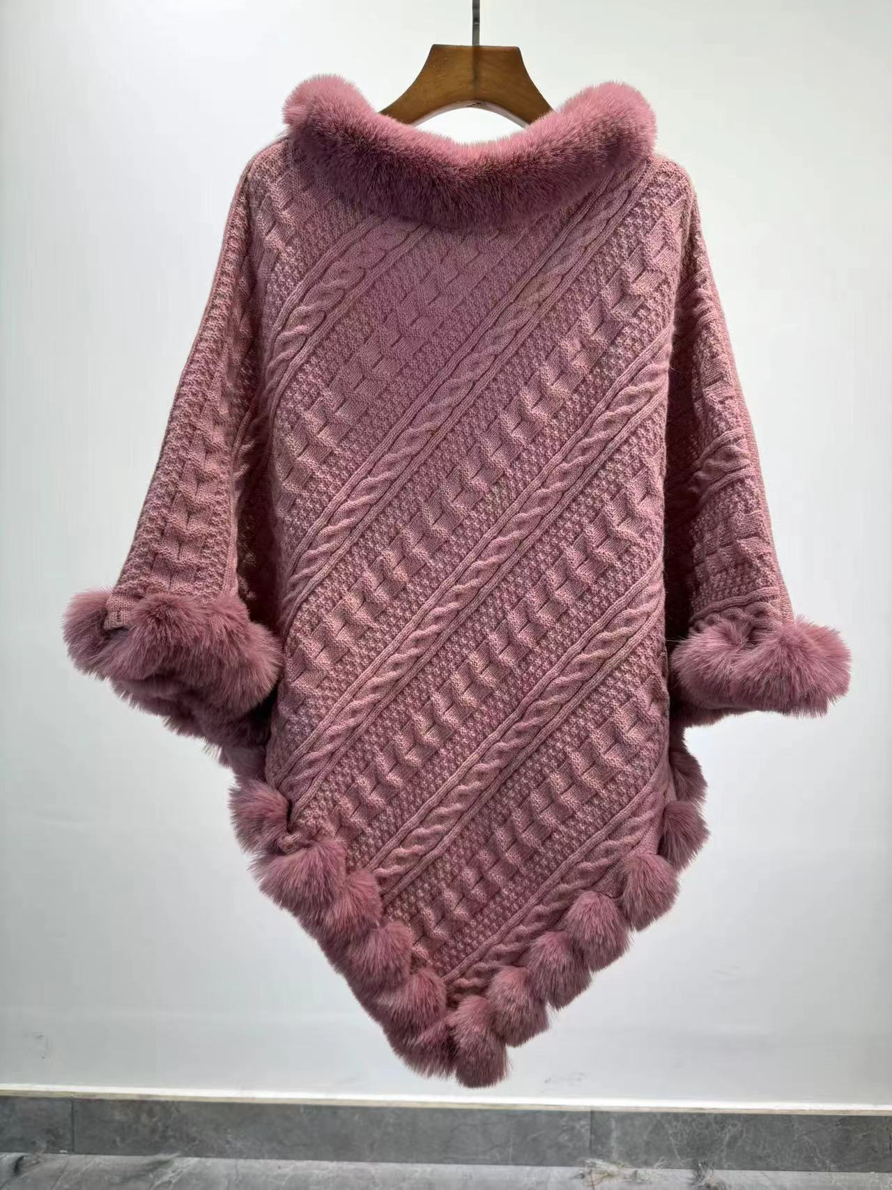 Dames Gebreide Sjaal Cape met Kunstbont Kraag