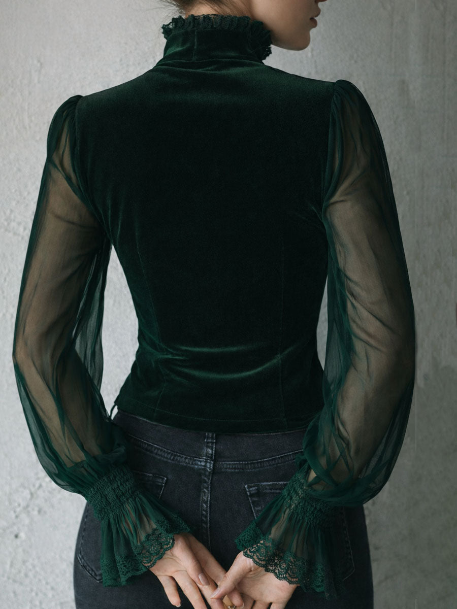 Noctra – Dames Fluwelen Corset Top met Kant en Transparante Mouwen