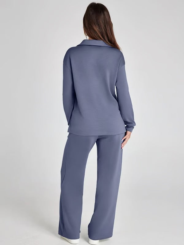 Dames Tweedelige Set met V-Hals Sweater en Wijde Broek – Comfort voor Herfst & Winter