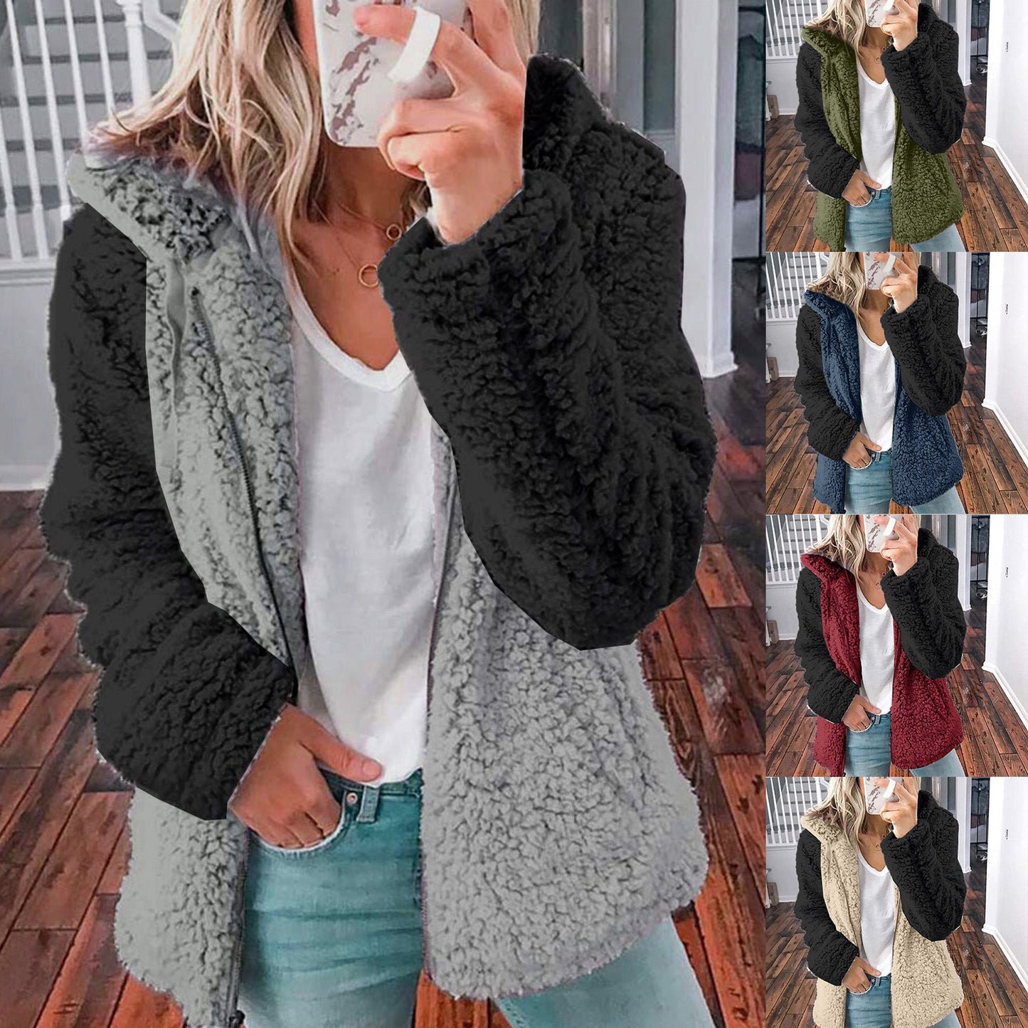 Dames Fleece Vest Zacht met Capuchon en Contrasterende Mouwen