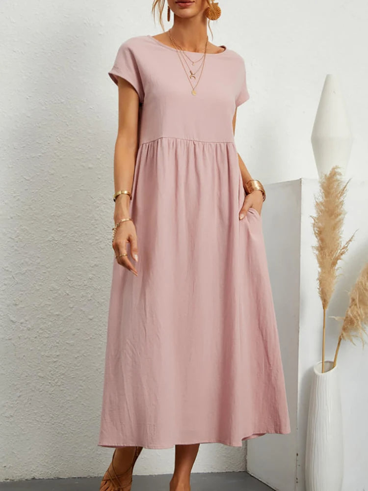 VELANORA Elegante zwarte linnen jurk met o-hals