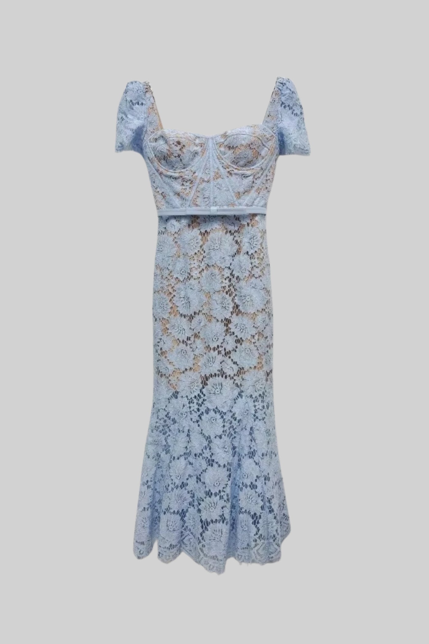 Korte Mouwen Kanten Jurk met Delicate Tailleband – Blauw