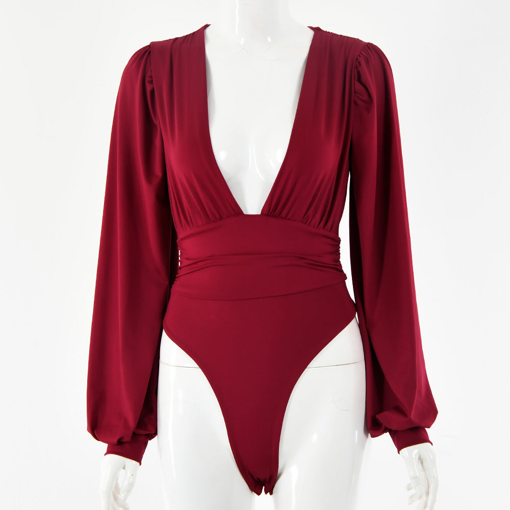 Dames Bodysuit Lange Mouwen Diepe V-hals Zwart Elegant