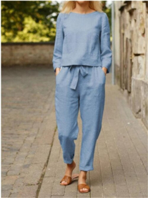 Damesoutfit 2-delig met ronde hals en elastische broek
