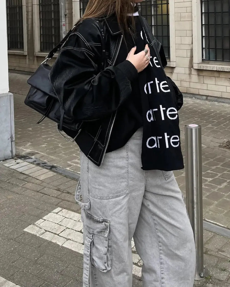 Leren Damesjas Oversized Noorwegen Stijl