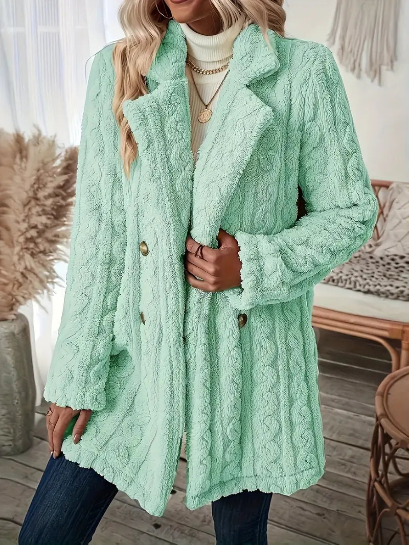 Ceretta - Double-breasted jas met pluizige revers → Ceretta Donkere Jas met Pluizige Revers Warm en Stijlvol