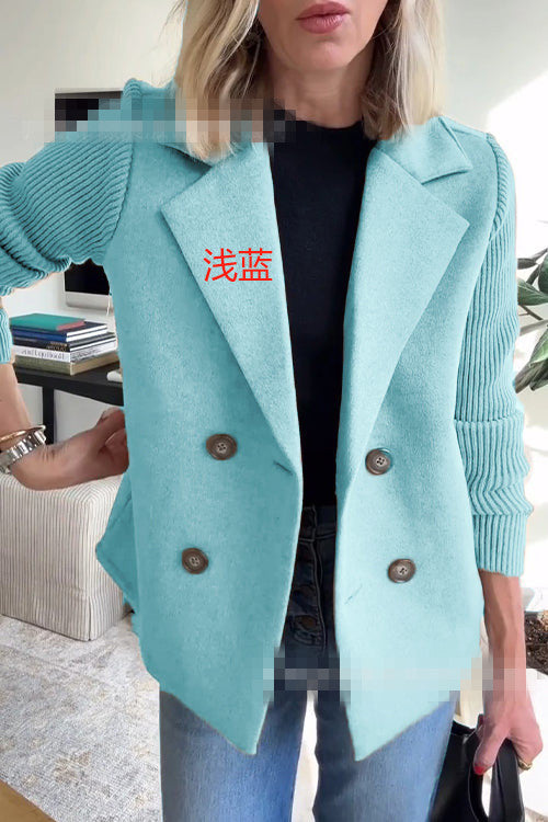 Dames Blazer Wollen Look Gebruik met Gebreide Mouwen en Dubbele Knoop
