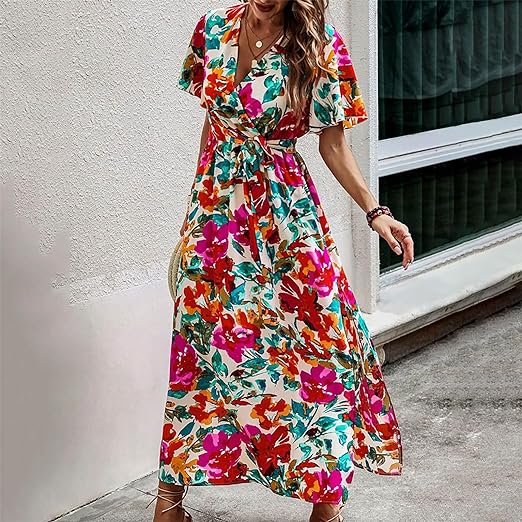 Vrouwelijke Jurk met Ceintuur Tropische Print Hoge Taille
