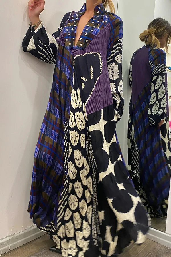 Maxi Jurk Lange Mouwen Colorblock Print met Zakken - Mode Vibes