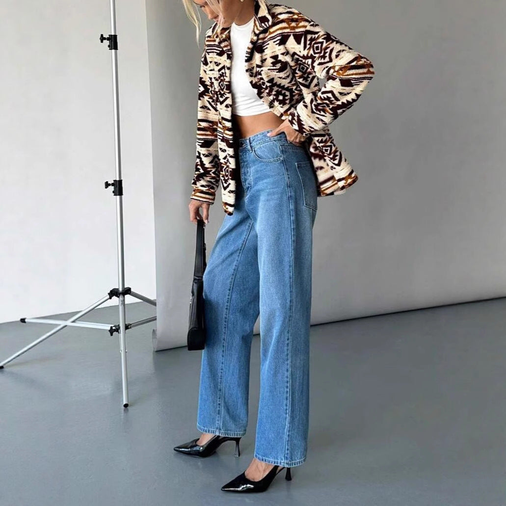 Dames Fleece Jas Etnische Print Trendy Warm