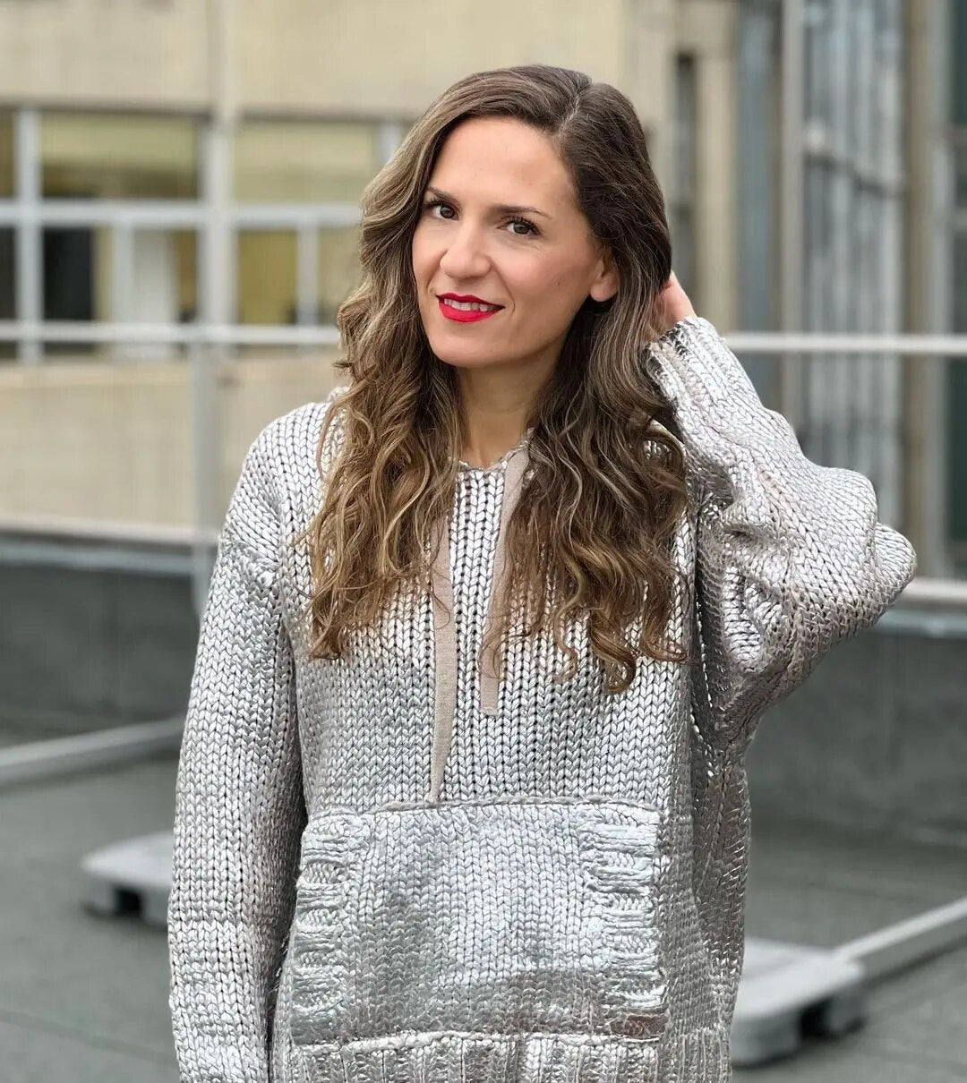 Glanzend Gebreide Hoodie Metallic Look Comfortabel