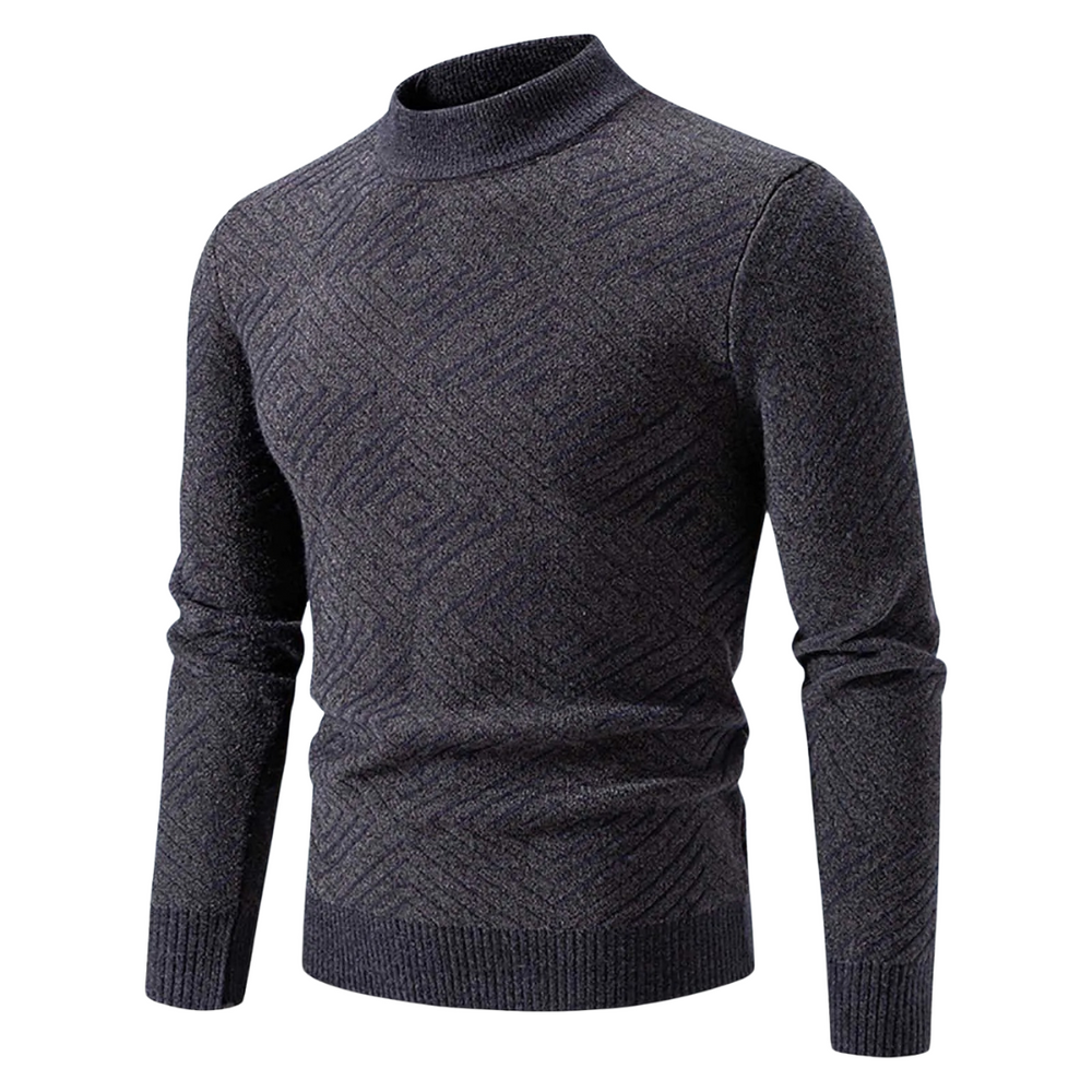 Arlano trendy trui in donkergrijs met subtiel geometrisch patroon. De trui heeft een moderne pasvorm, een hoge kraag en lange mouwen, waardoor het een stijlvolle en veelzijdige keuze is voor casual en formele gelegenheden. Perfect voor een modieuze uitstraling in de koudere maanden.