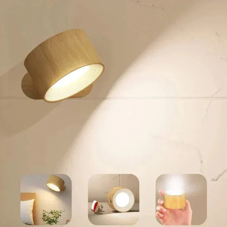Aurora Glow draadloze wandlamp met een elegante houtnerfafwerking, perfect voor een warme en natuurlijke uitstraling in uw interieur. Deze veelzijdige lamp kan gebruikt worden als wandlamp, tafellamp of draagbare lichtbron. Ideaal voor sfeervolle verlichting in woon- of slaapkamers.