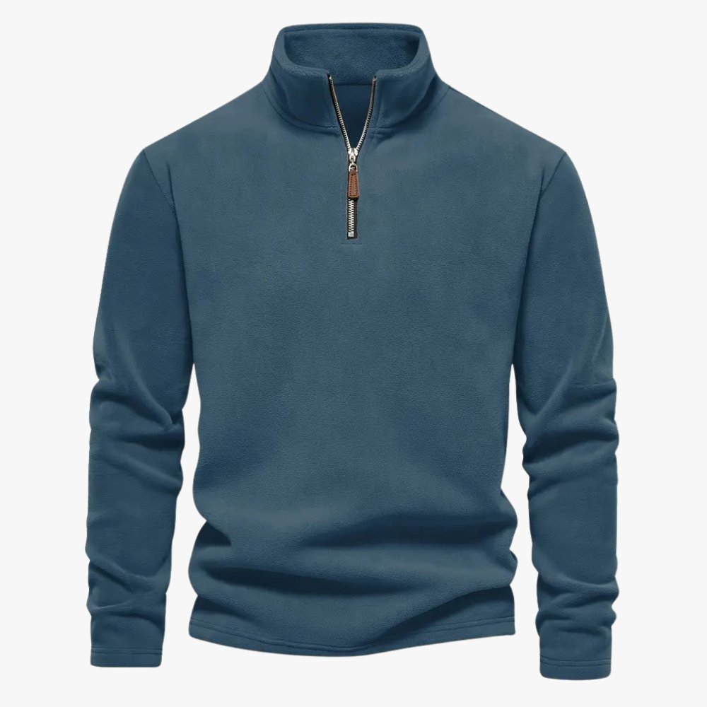 Donkerblauwe Bastian trui met halve ritssluiting en opstaande kraag, perfect voor een stijlvolle en comfortabele casual look. Ideaal voor elke gelegenheid.