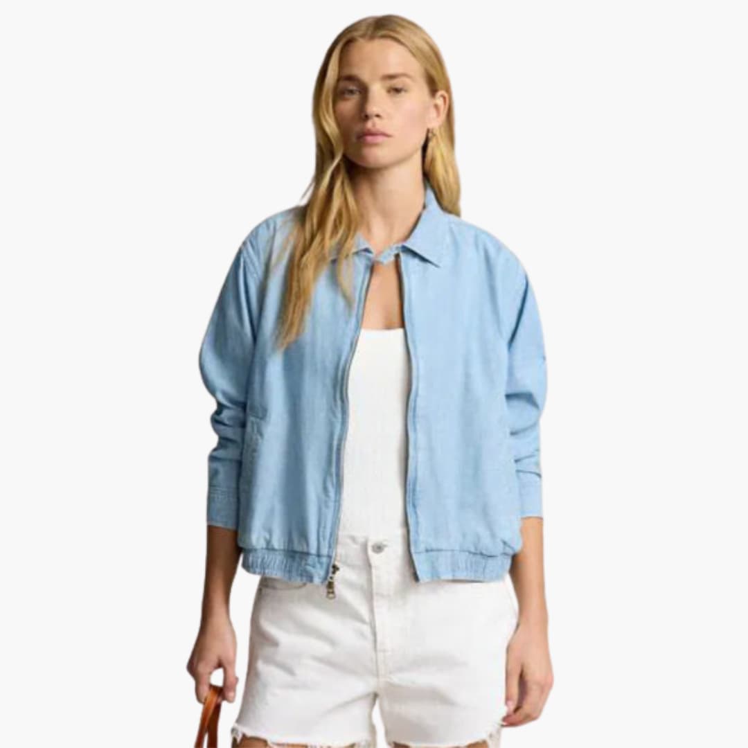 BerlinGlamour | Dames bomberjack in lichtblauw met rits aan de voorkant en kraag 0