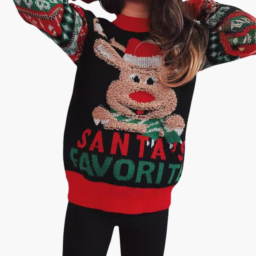 BerlinGlamour | Dames kersttrui met rendier en favoriet van de Kerstman 4