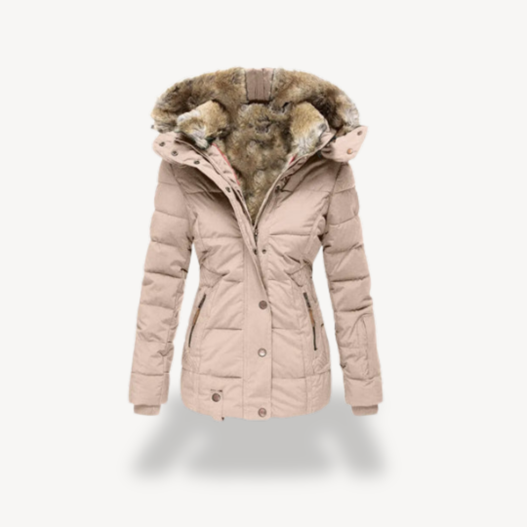 BerlinGlamour | Dames pufferjack met capuchon van imitatiebont 4