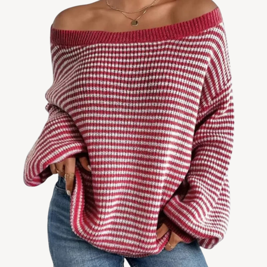 BerlinGlamour | Gestreepte off-shoulder gebreide trui voor dames 4