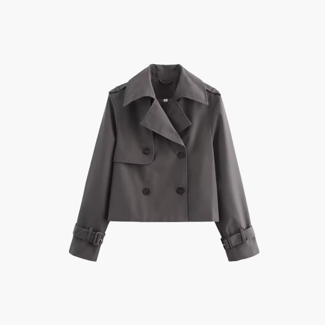BerlinGlamour | Korte trenchcoat voor dames met dubbele sluiting aan de voorkant en gespen aan de manchetten 4