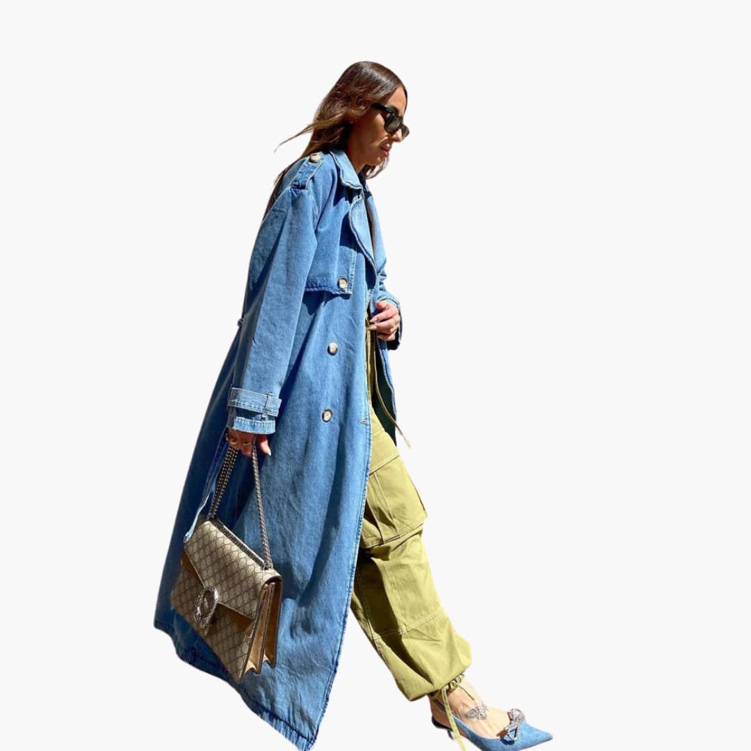 BerlinGlamour | Lange denim trenchcoat met riem voor dames 3