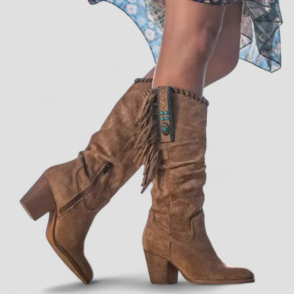 BerlinGlamour | Orthopedische kniehoge suède westernlaarzen met franjes voor dames 3