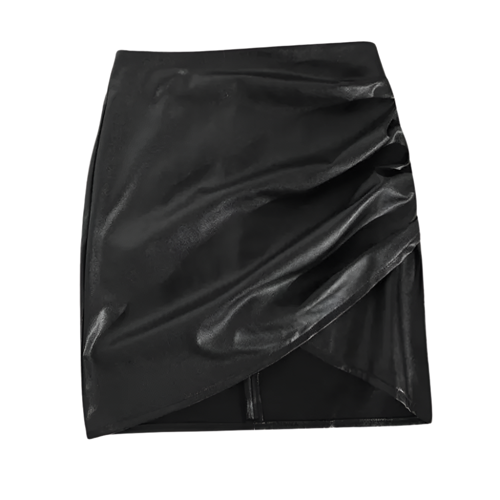 Asymmetrische Imitatieleer Rok met Plooien Voor Vrouw