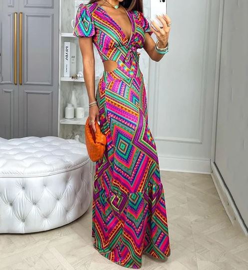 V-hals Jurk met Korte Mouwen Lange Zomerjurk Open Taille - Mode Vibes