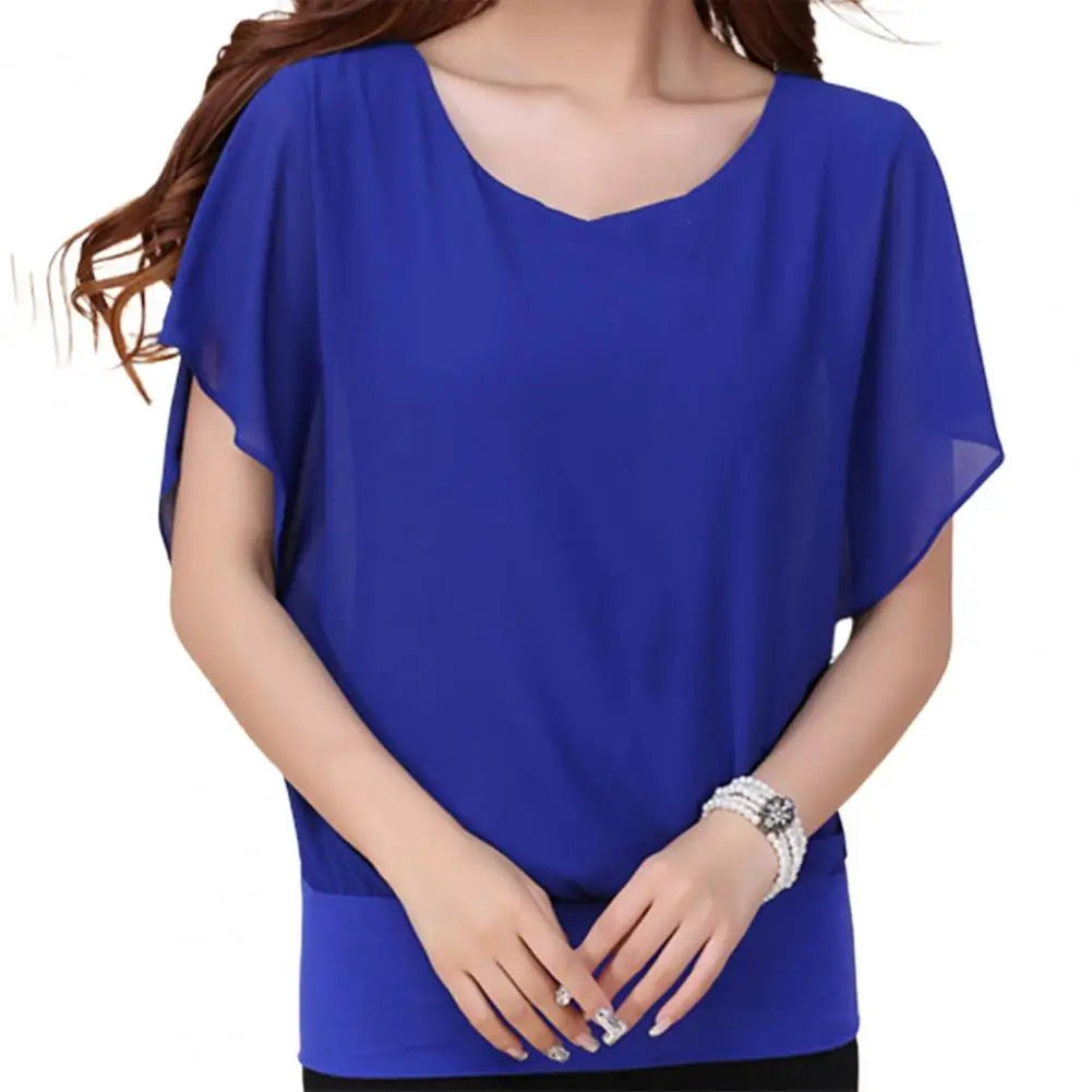 Chique Chiffon Blouse - Vrouwentop in Effen Kleur met Vleermuismouwen en Ruches
