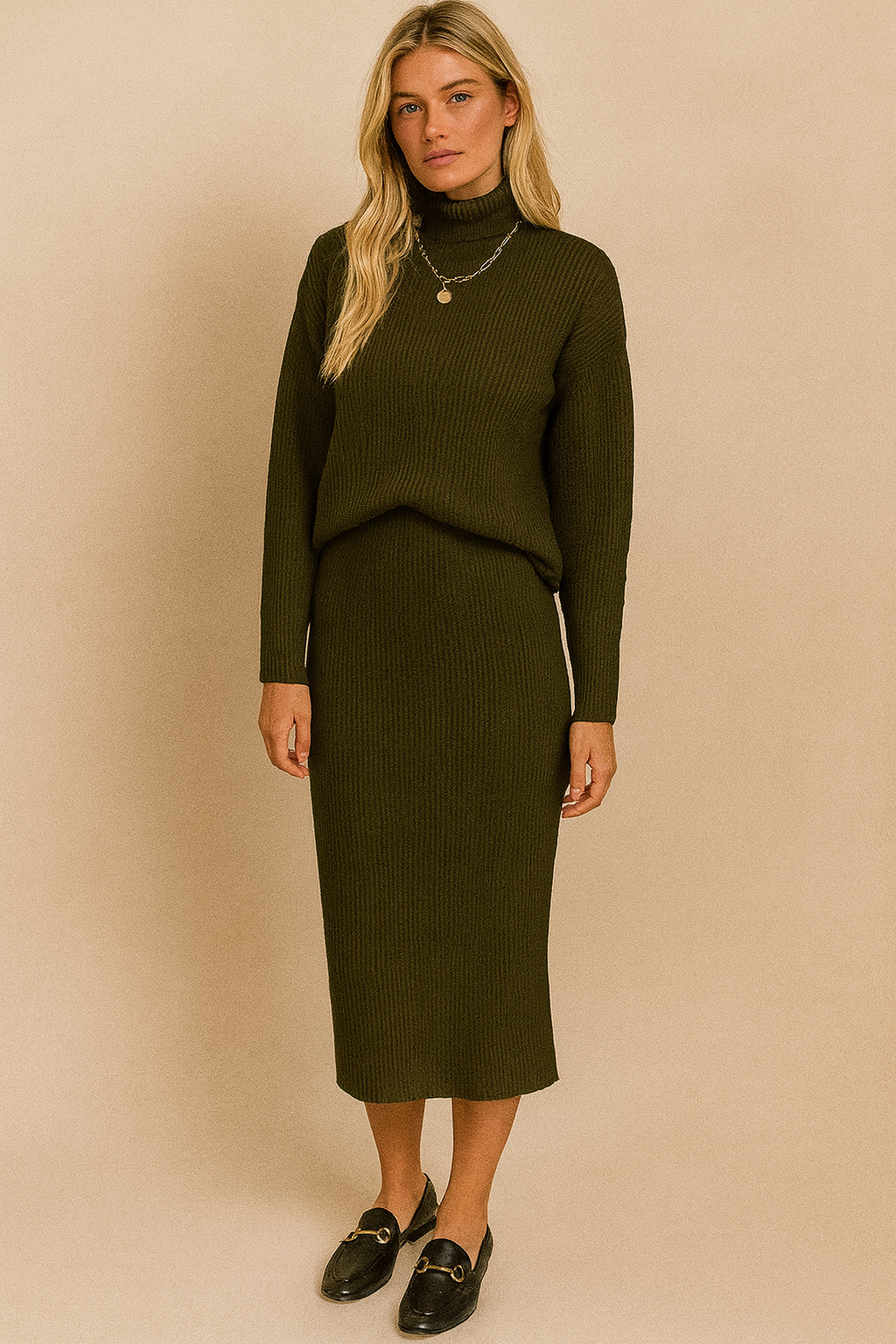 Dames Gebreide Set Rok en Trui Hoge Hals Stijlvol