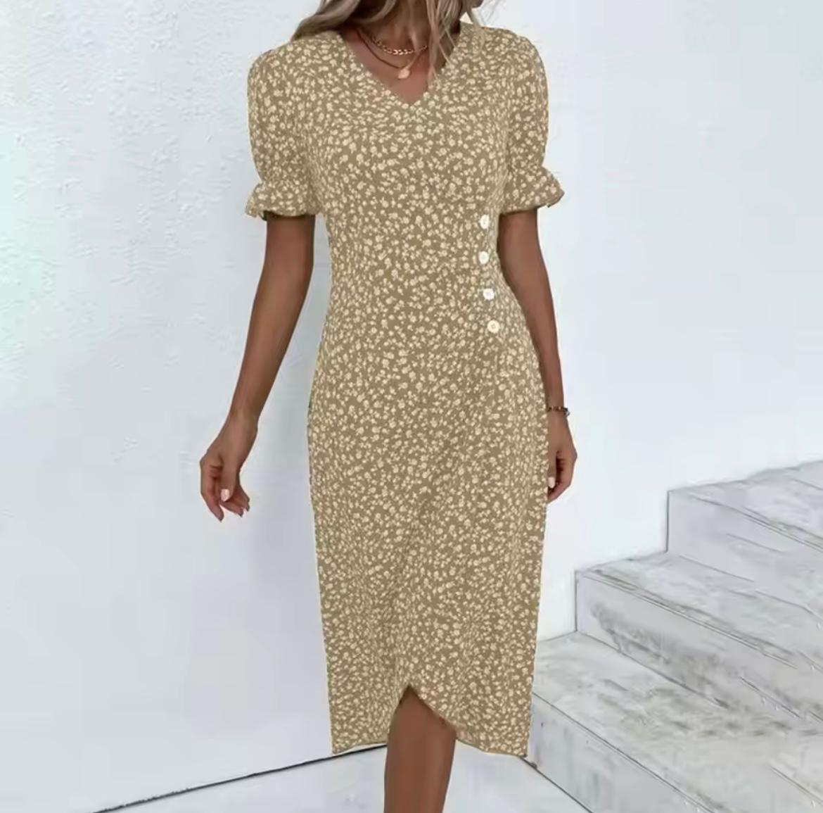 Dames Midi Zomerjurk met Korte Mouwen en V-Hals - Maria