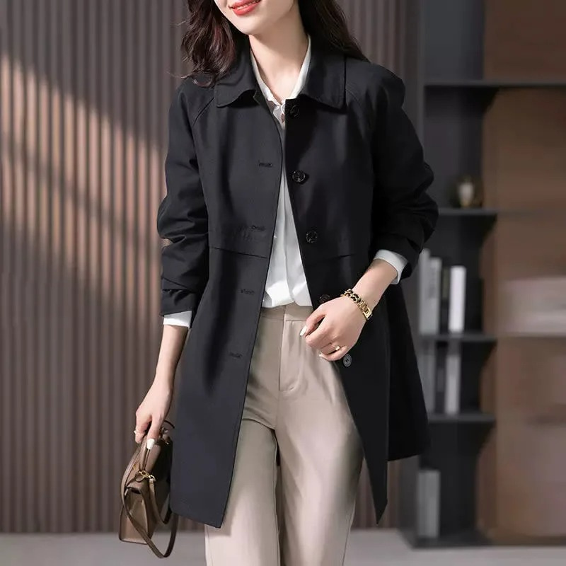 Dames Trenchcoat Zwart Klassiek met Kraag en Knoopsluiting