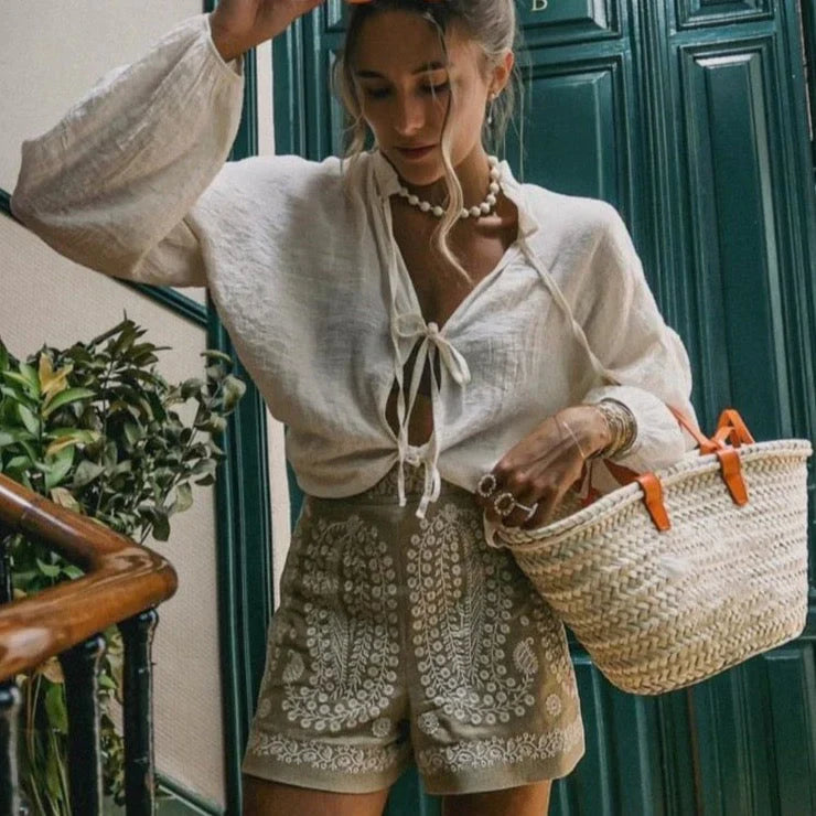 Linnen Shorts met Bloemen Borduur
