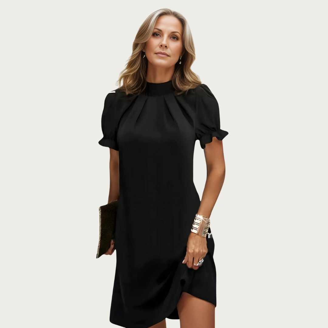Zwarte Avondjurk Midi met Plofmouwen Elegante Jurk - Mode Vibes