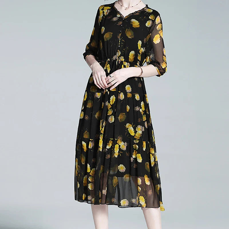 Dromerige Bloemenpracht Chiffon Jurk - Silky Summer Stijl
