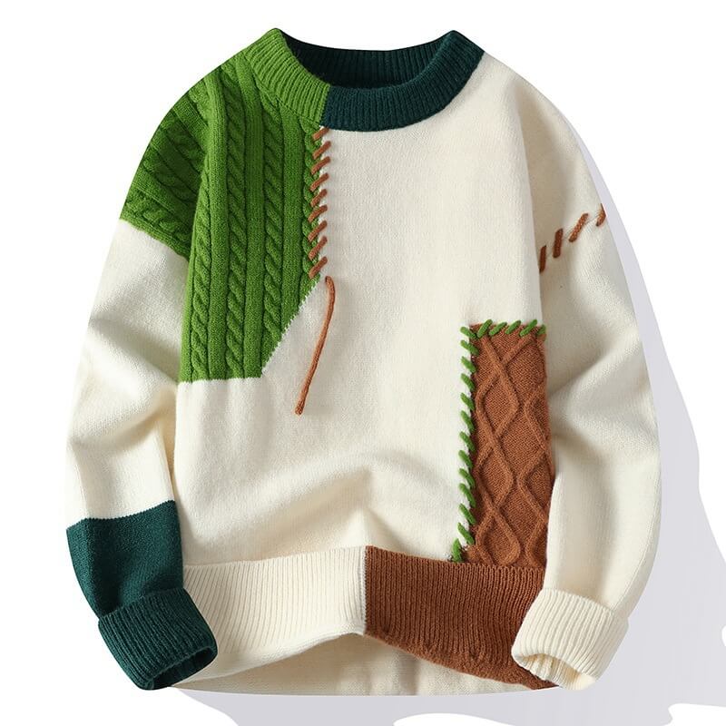 Frostina comfortabele sweater in ivoor met groene, bruine en oranje kabelpatronen, gedetailleerd met kleurrijke stiksels voor een unieke en modieuze uitstraling.