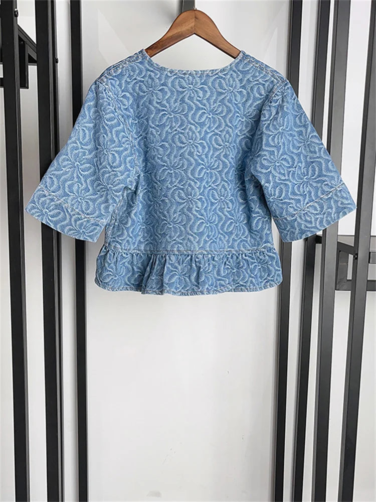 Retro Denim Blouse met Geometrisch Patroon