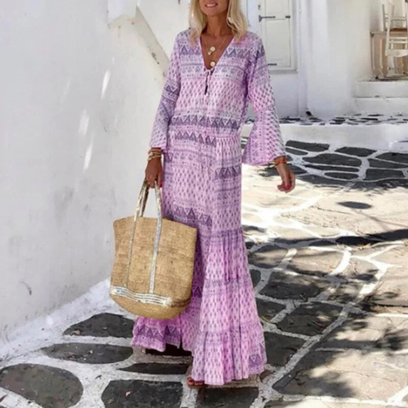 Jurk met V-hals en Patchwork Print Comfortabel Dagelijks