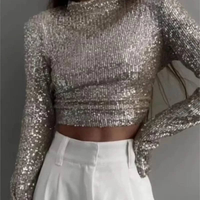 Karolin | Top corto a maniche lunghe decorato con paillettes