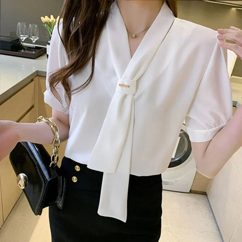 Stijlvolle Koreaanse Strik Dames Blouse met Korte Mouwen